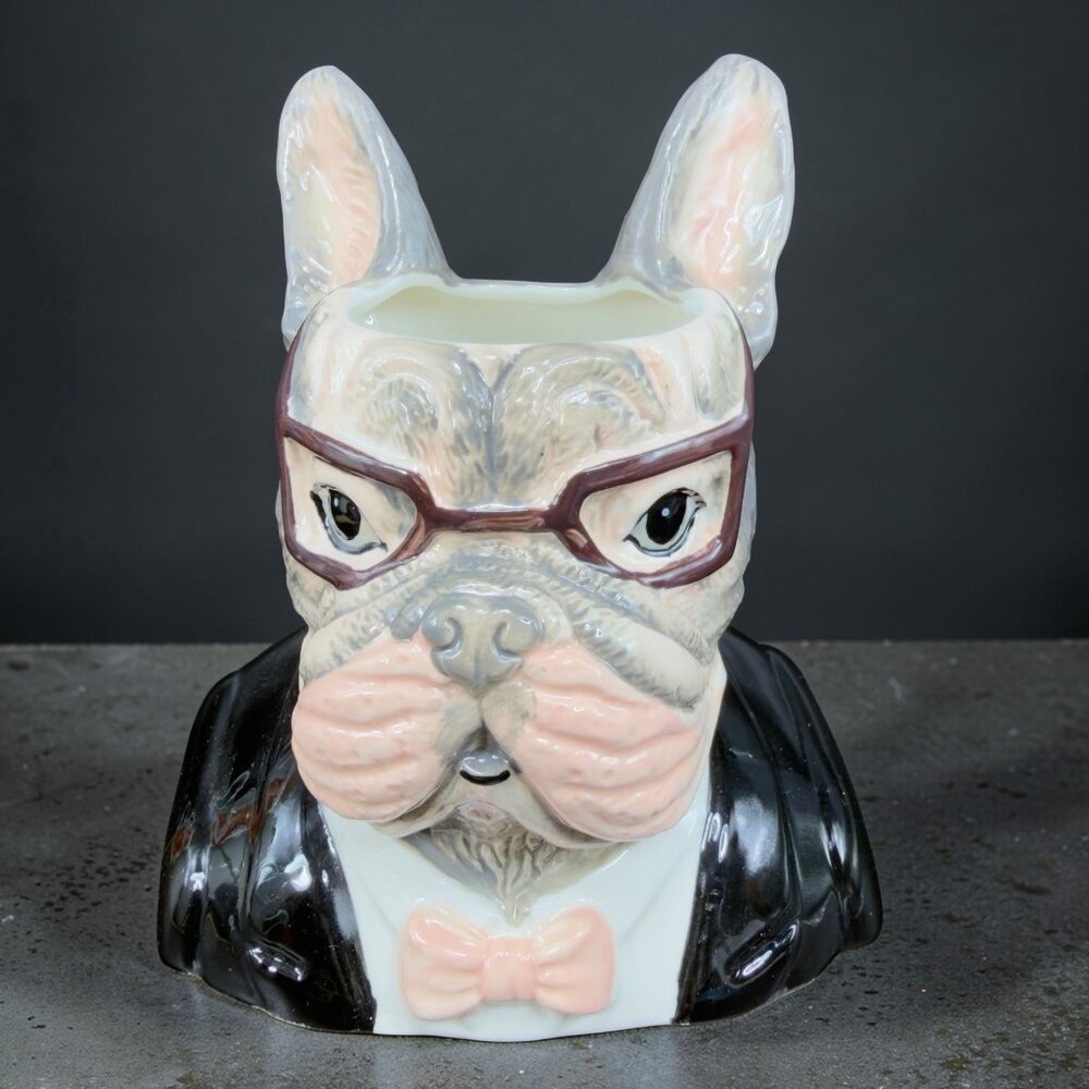 West Elm French Bulldog Planter Vase‎ Decor Dapper Animal Porcelain Figurine New